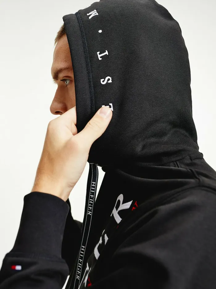 Tommy Hilfiger Vertical Logo Flex Fleece Hoody Black Mens Sweatshirts and Hoodies Gift for Friend
