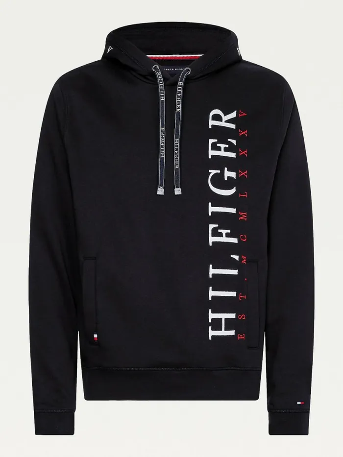 Tommy Hilfiger Vertical Logo Flex Fleece Hoody Black Mens Sweatshirts and Hoodies Gift for Friend