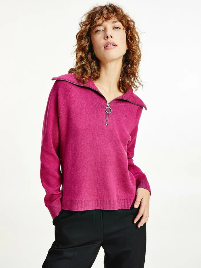 Tommy Hilfiger Vertical Stripe Half Zip Sweatshirt Crimson Ruby Womens Knitwear Fashion
