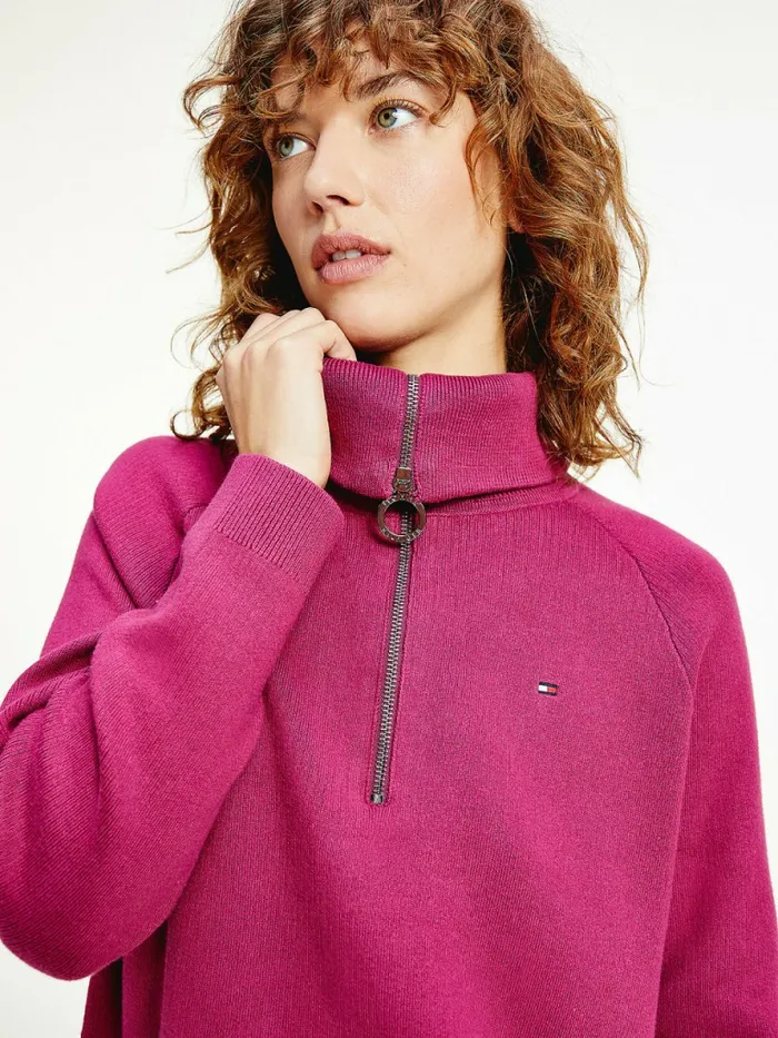 Tommy Hilfiger Vertical Stripe Half Zip Sweatshirt Crimson Ruby Womens Knitwear Fashion