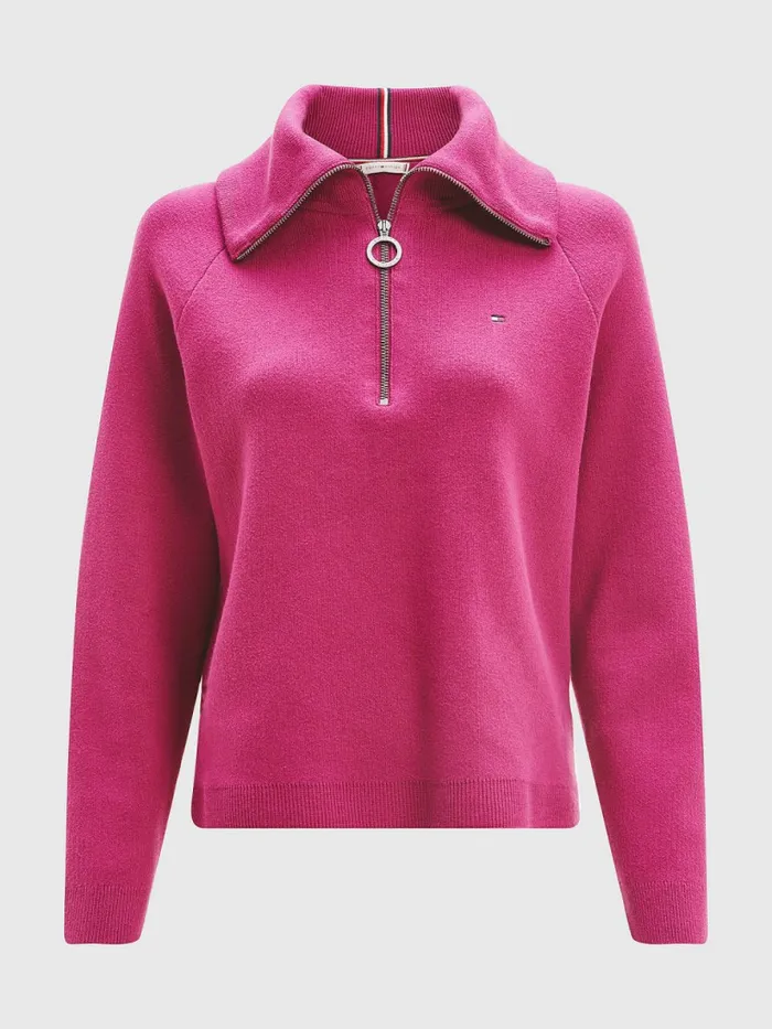 Tommy Hilfiger Vertical Stripe Half Zip Sweatshirt Crimson Ruby Womens Knitwear Fashion
