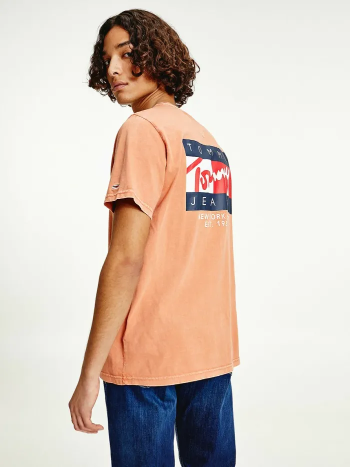 Tommy Hilfiger Vintage Flag Signature Logo TShirt Dingo Orange Mens TShirts Popular