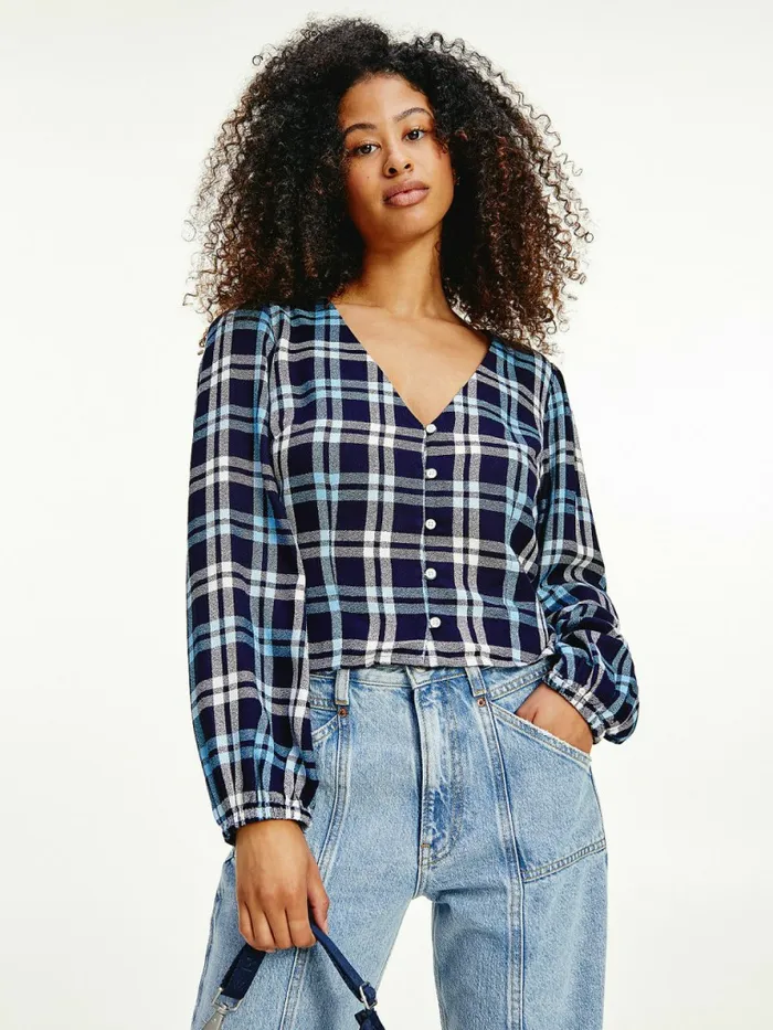 Tommy Hilfiger Viscose Check VNeck Blouse Twilight NavyMulti Check Womens Shirts and Blouses Near Me