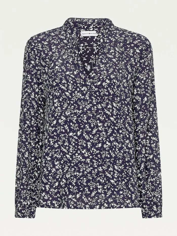 Tommy Hilfiger Viscose Floral Regular Fit VNeck Blouse Heritage FloralDesert Sky Womens Shirts and Blouses Gift for Friend