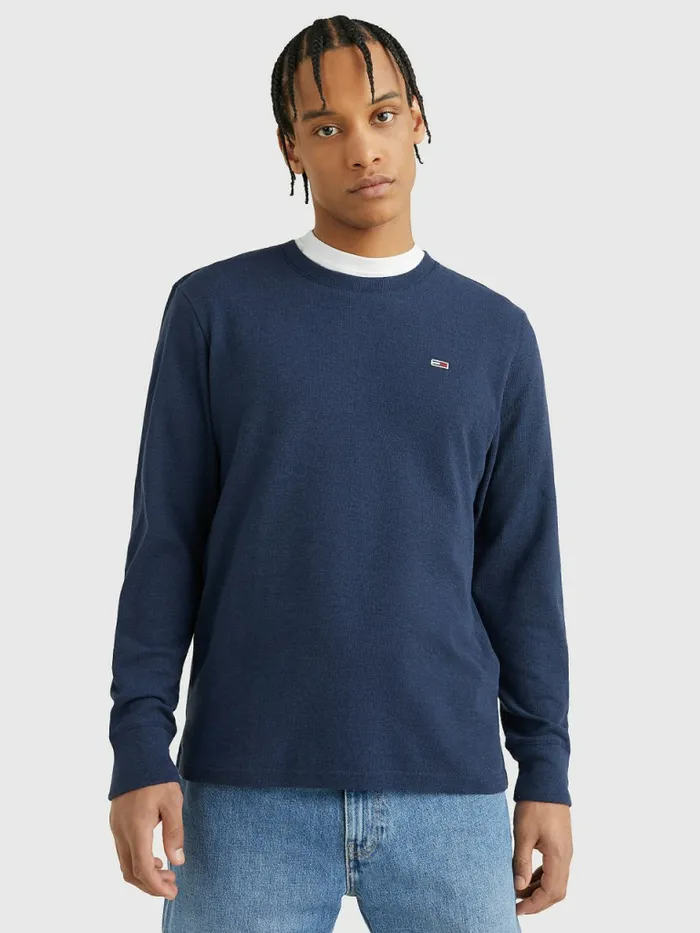Tommy Hilfiger Waffle Crew Neck Long Sleeve Top Twilight Navy Htr Mens TShirts Casaul