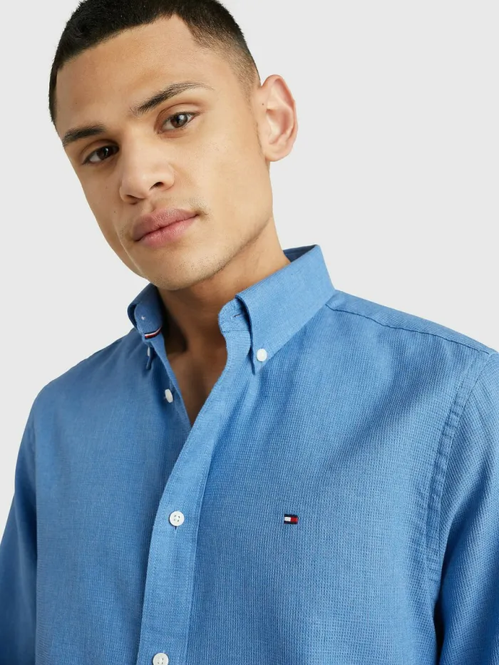 Tommy Hilfiger Waffle Melange Dobby Regular Fit Shirt Breezy Blue Heather Mens Shirts Popular