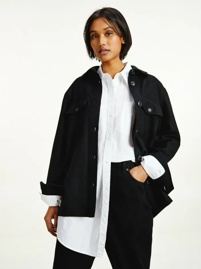 Tommy Hilfiger Wool Blend Shacket Black Womens Coats and Jackets Gift for Friend Tommy Hilfiger Wool Blend Shacket Black Womens Coats and Jackets Gift for Friend