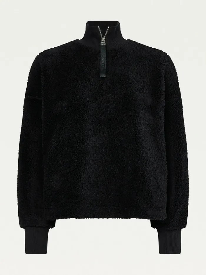 Tommy Hilfiger Zipped Neck Relaxed Fit Teddy Sweatshirt Black Womens Sweatshirts and Hoodies Fashion