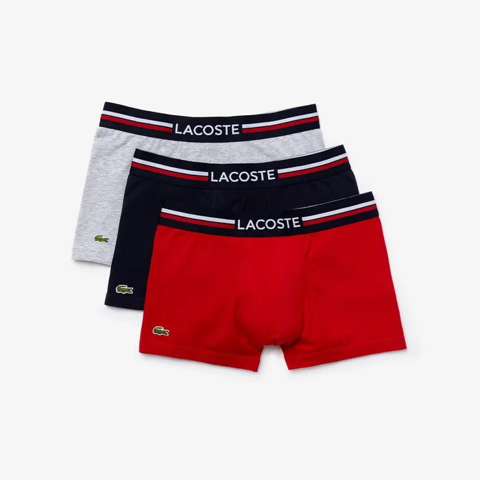 Underwear Lacoste Mens Pack Of 3 Iconic Boxer Briefs With ThreeTone Waistband Navy BlueGrey ChineRed Outlet Factory