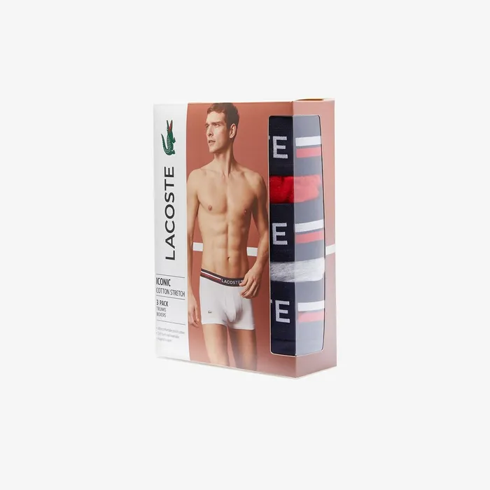 Underwear Lacoste Mens Pack Of 3 Iconic Boxer Briefs With ThreeTone Waistband Navy BlueGrey ChineRed Outlet Factory