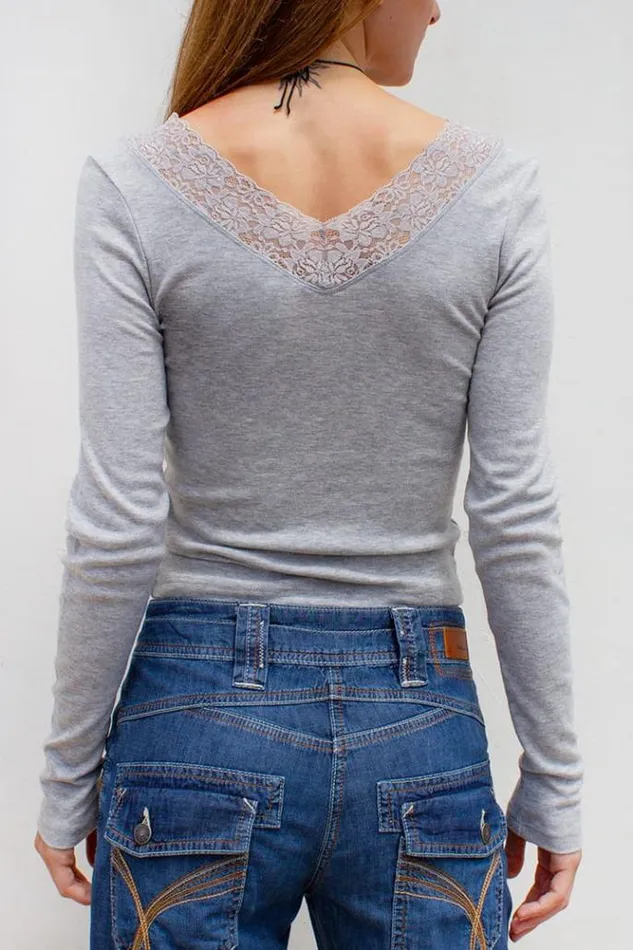 V Neckline Lace TShirt Women Subdued Tees