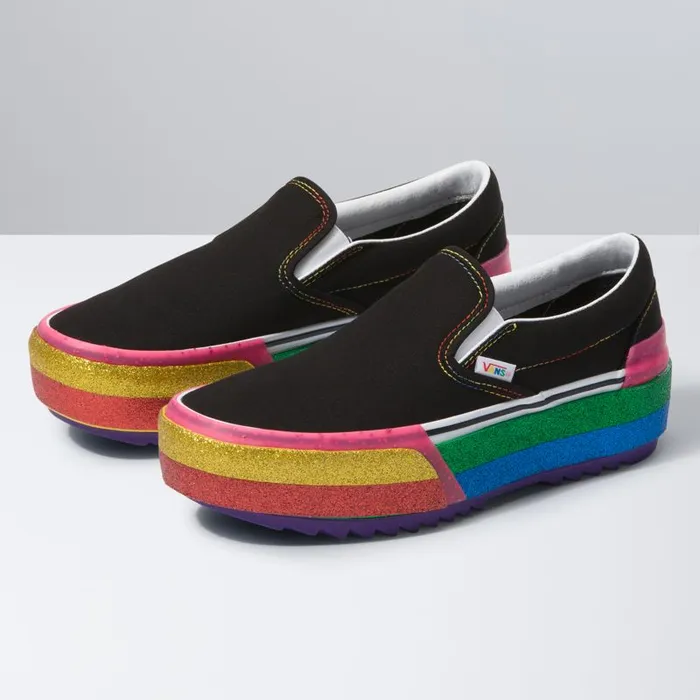 Vans Classics Shoes Womens Glitter SlipOn Stacked BlackRainbow