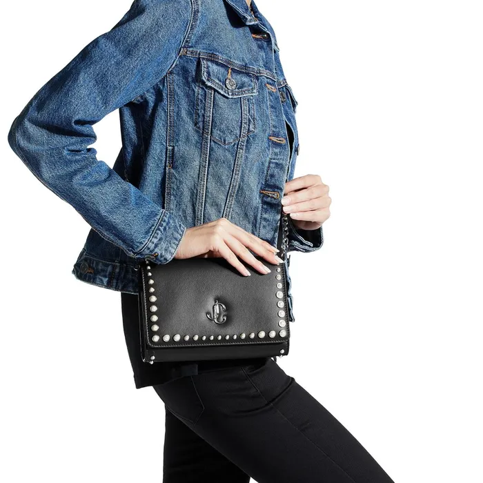 Varenne Clutch Black Calf Leather Clutch Bag With Jc Logo And Pearl Studs Black Women JIMMY CHOO Clutch Bags