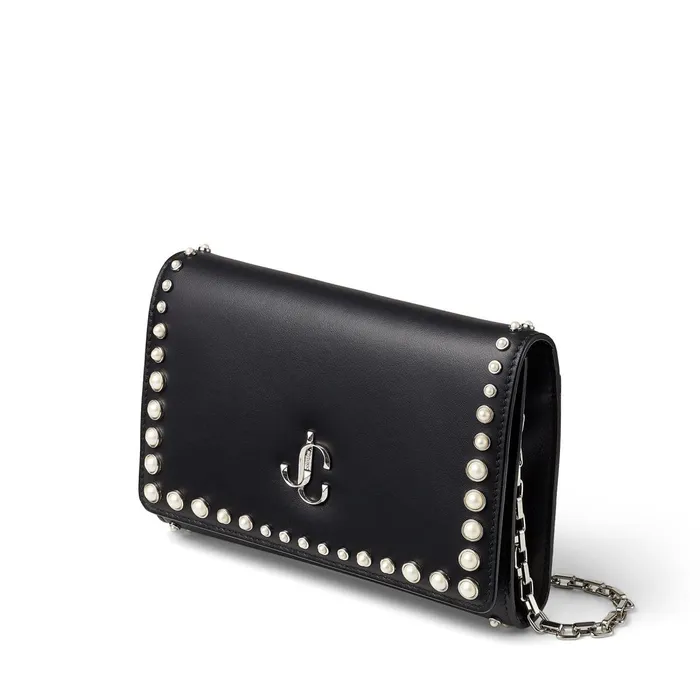 Varenne Clutch Black Calf Leather Clutch Bag With Jc Logo And Pearl Studs Black Women JIMMY CHOO Clutch Bags