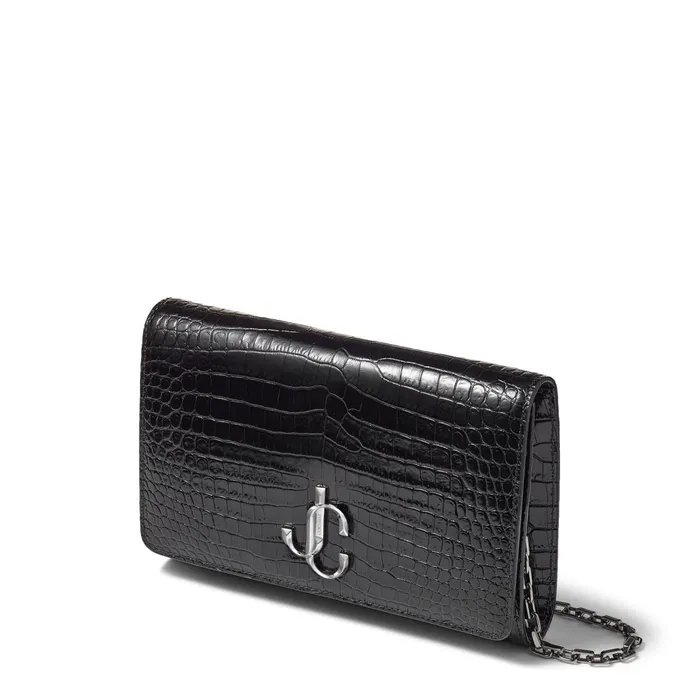 Varenne Clutch Black Shiny CrocEmbossed Leather Clutch Bag With Jc Emblem Black Women JIMMY CHOO Clutch Bags
