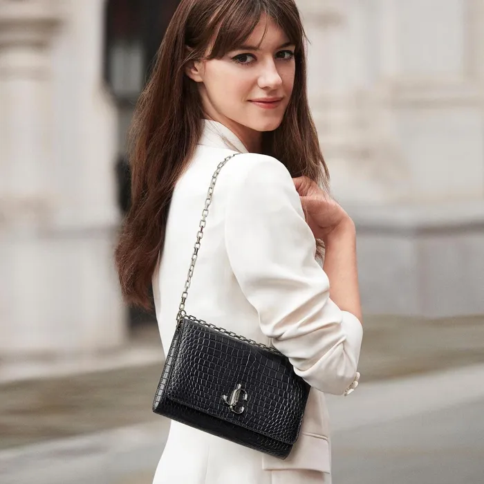 Varenne Clutch Black Shiny CrocEmbossed Leather Clutch Bag With Jc Emblem Black Women JIMMY CHOO Clutch Bags