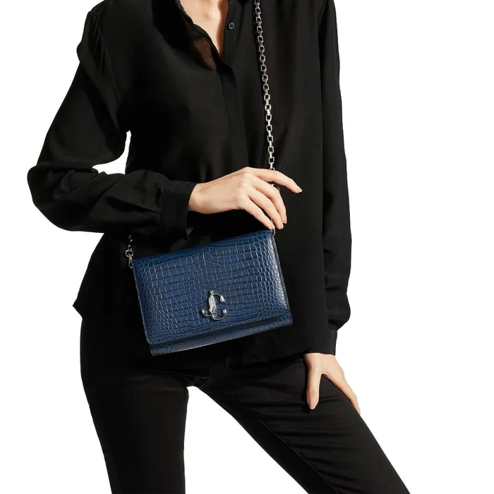 Varenne Clutch Denim CrocEmbossed Leather Clutch Bag With Jc Emblem Denim Women JIMMY CHOO Clutch Bags