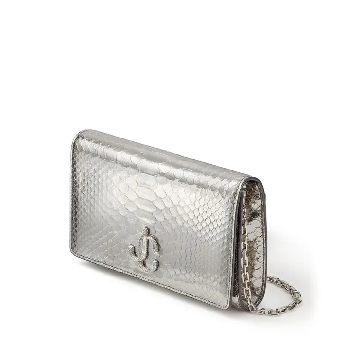 Varenne Clutch Steel Metallic Python Clutch Bag With Crystal Jc Emblem Steel Women JIMMY CHOO Clutch Bags