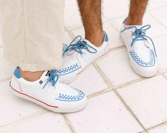 White TUKskin Blue and Red Trim Interlace Sneaker Women TUK Shoes Vegan White TUKskin Blue and Red Trim Interlace Sneaker Women TUK Shoes Vegan
