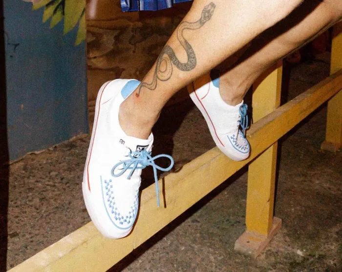 White TUKskin Blue and Red Trim Interlace Sneaker Women TUK Shoes Vegan White TUKskin Blue and Red Trim Interlace Sneaker Women TUK Shoes Vegan