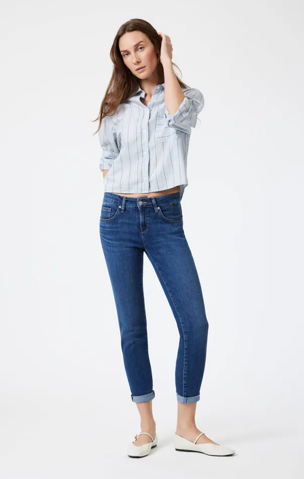 Women Ada Boyfriend In Dark Brushed Feather Blue Mavi Jeans Denim