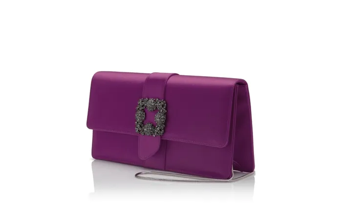 Women Bags Manolo Blahnik CAPRI Dark Fuchsia Satin Jewel Buckle Clutch