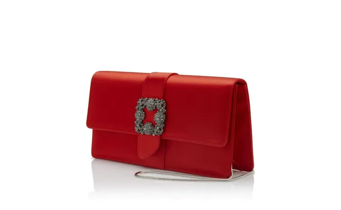Women Bags Manolo Blahnik CAPRI Red Satin Jewel Buckle Clutch