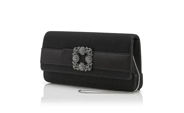 Women Bags Manolo Blahnik GOTHISI GLITTER Black Glitter Fabric Jewel Buckle Clutch