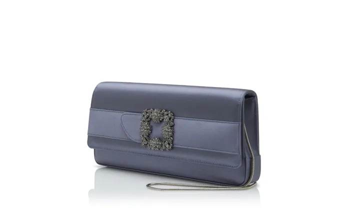 Women Bags Manolo Blahnik GOTHISI Grey Satin Jewel Buckle Clutch