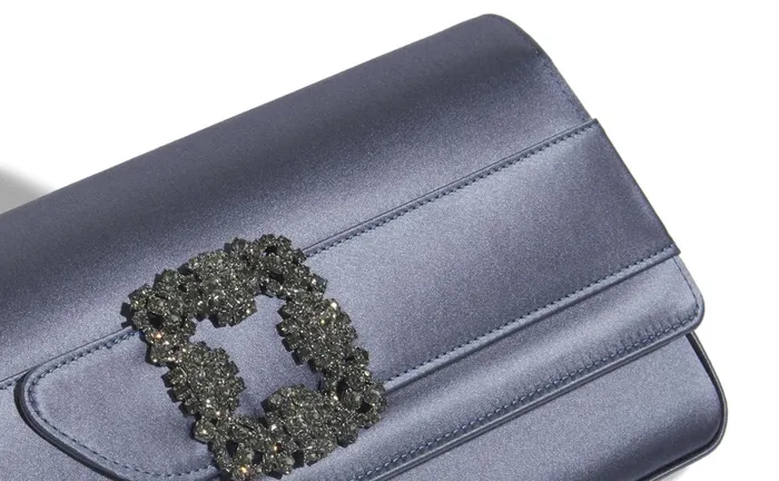 Women Bags Manolo Blahnik GOTHISI Grey Satin Jewel Buckle Clutch Women Bags Manolo Blahnik GOTHISI Grey Satin Jewel Buckle Clutch