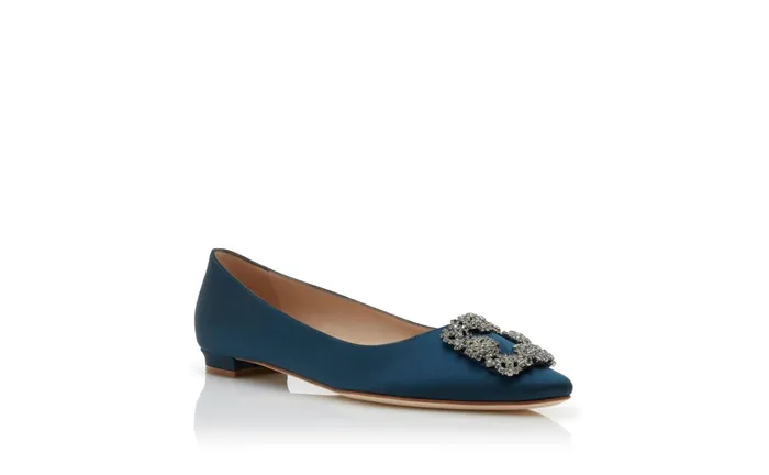 Women Ballerinas Manolo Blahnik HANGISIFLAT Deep Teal Satin Jewel Buckle Flat Shoes Women Ballerinas Manolo Blahnik HANGISIFLAT Deep Teal Satin Jewel Buckle Flat Shoes