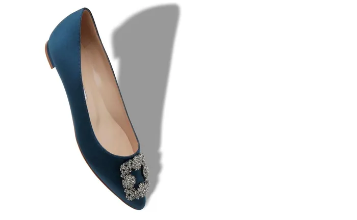 Women Ballerinas Manolo Blahnik HANGISIFLAT Deep Teal Satin Jewel Buckle Flat Shoes Women Ballerinas Manolo Blahnik HANGISIFLAT Deep Teal Satin Jewel Buckle Flat Shoes