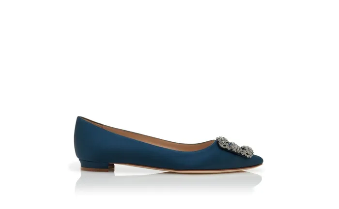 Women Ballerinas Manolo Blahnik HANGISIFLAT Deep Teal Satin Jewel Buckle Flat Shoes Women Ballerinas Manolo Blahnik HANGISIFLAT Deep Teal Satin Jewel Buckle Flat Shoes