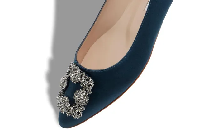 Women Ballerinas Manolo Blahnik HANGISIFLAT Deep Teal Satin Jewel Buckle Flat Shoes Women Ballerinas Manolo Blahnik HANGISIFLAT Deep Teal Satin Jewel Buckle Flat Shoes