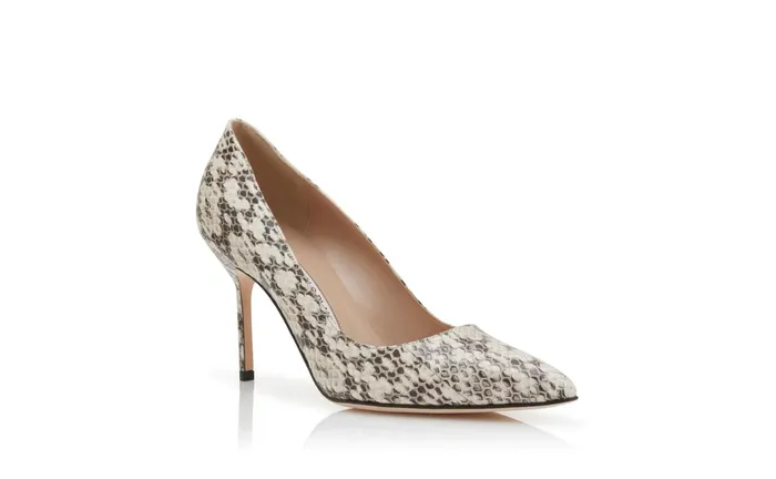 Women BB Manolo Blahnik BB 90 Cream And Brown Snakeskin Pointed Toe Pumps