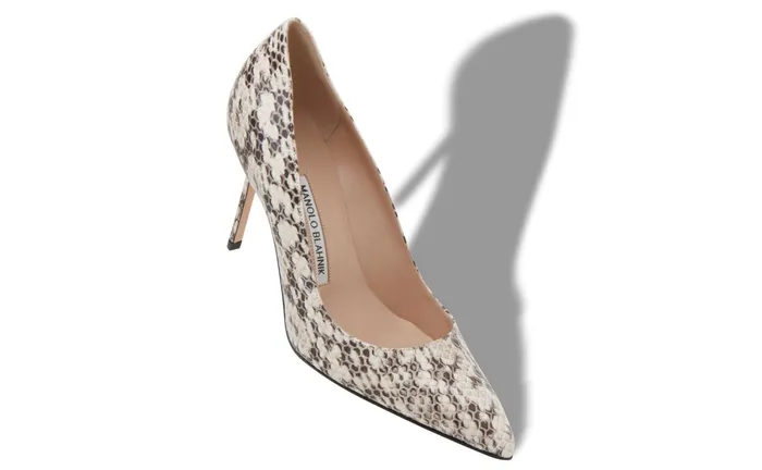 Women BB Manolo Blahnik BB 90 Cream And Brown Snakeskin Pointed Toe Pumps
