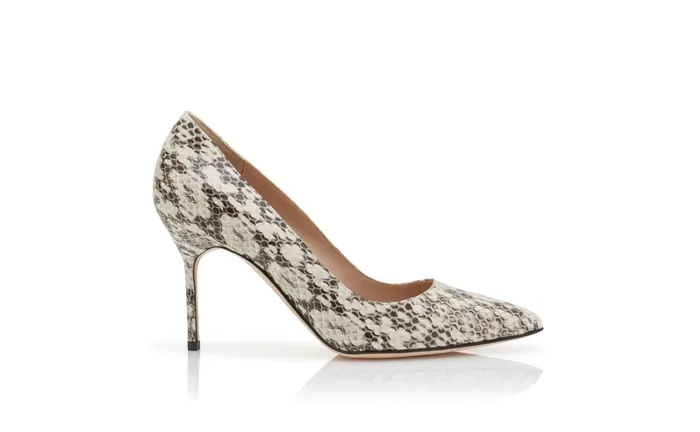 Women BB Manolo Blahnik BB 90 Cream And Brown Snakeskin Pointed Toe Pumps