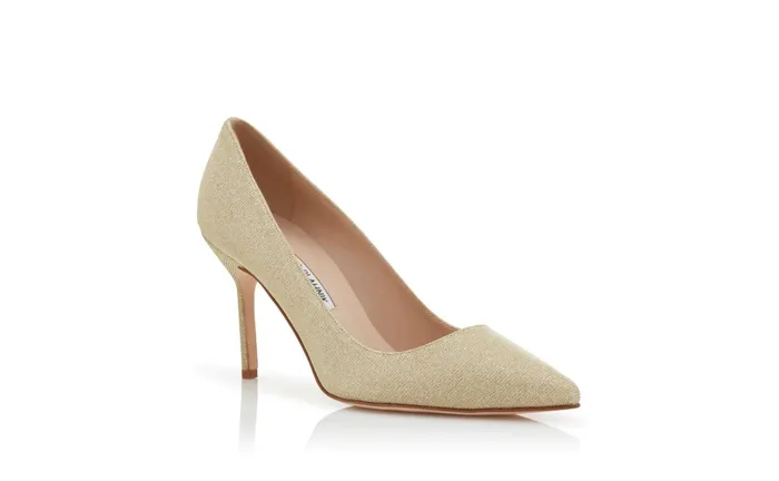 Women BB Manolo Blahnik BB 90 Light Gold Glitter Fabric Pointed Toe Pumps