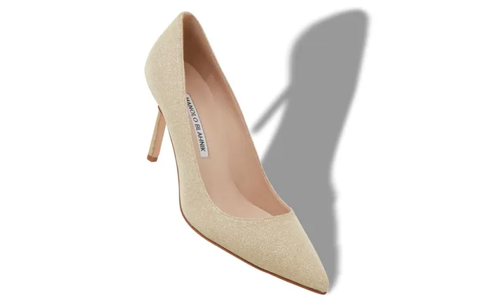 Women BB Manolo Blahnik BB 90 Light Gold Glitter Fabric Pointed Toe Pumps Women BB Manolo Blahnik BB 90 Light Gold Glitter Fabric Pointed Toe Pumps