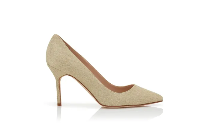 Women BB Manolo Blahnik BB 90 Light Gold Glitter Fabric Pointed Toe Pumps Women BB Manolo Blahnik BB 90 Light Gold Glitter Fabric Pointed Toe Pumps