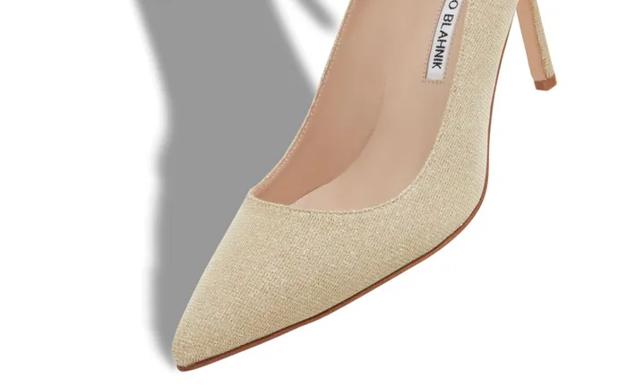 Women BB Manolo Blahnik BB 90 Light Gold Glitter Fabric Pointed Toe Pumps Women BB Manolo Blahnik BB 90 Light Gold Glitter Fabric Pointed Toe Pumps