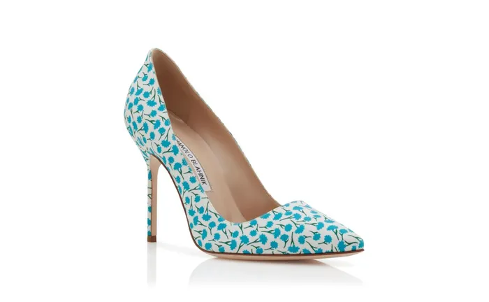 Women BB Manolo Blahnik BB Blue Cotton Floral Pattern Pointed Toe Pumps