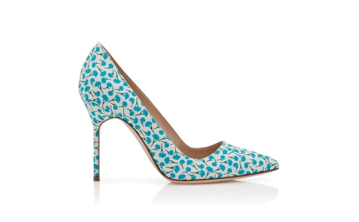 Women BB Manolo Blahnik BB Blue Cotton Floral Pattern Pointed Toe Pumps Women BB Manolo Blahnik BB Blue Cotton Floral Pattern Pointed Toe Pumps