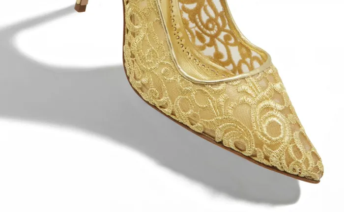 Women BB Manolo Blahnik BBLA Gold Lace Macram Pointed Toe Pumps