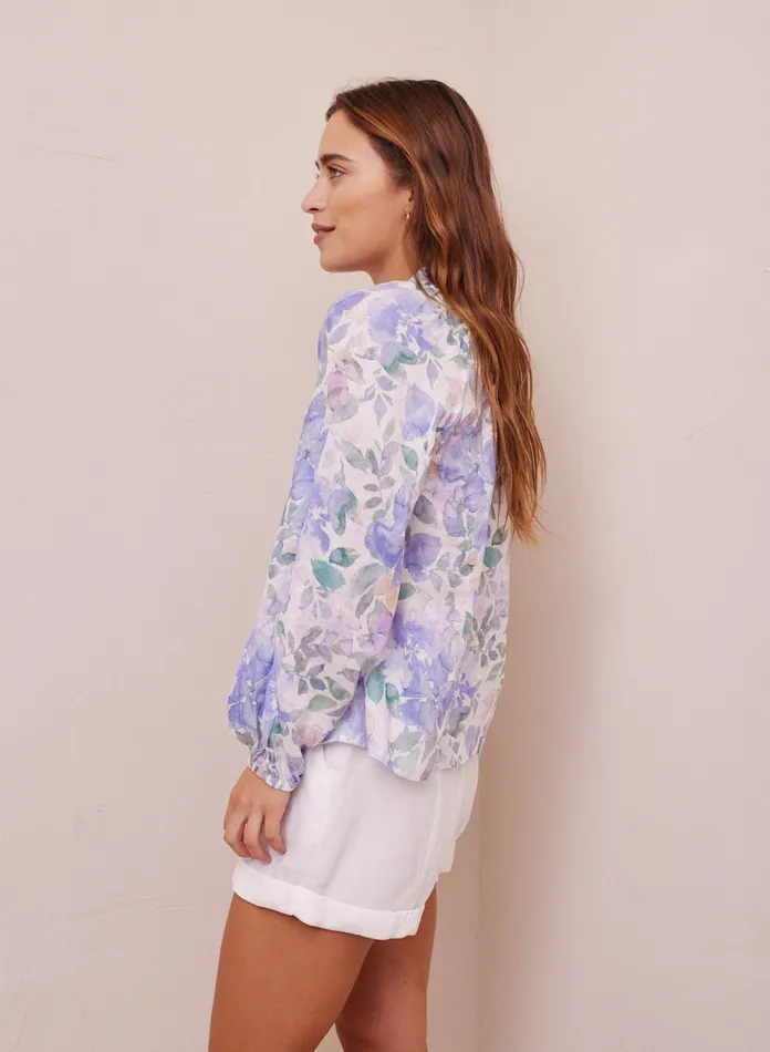 Women Bella Dahl Long Sleeve Floral Linen Raglan Shirt 8211 Peri Jardin Print PERI JARDIN PRINT