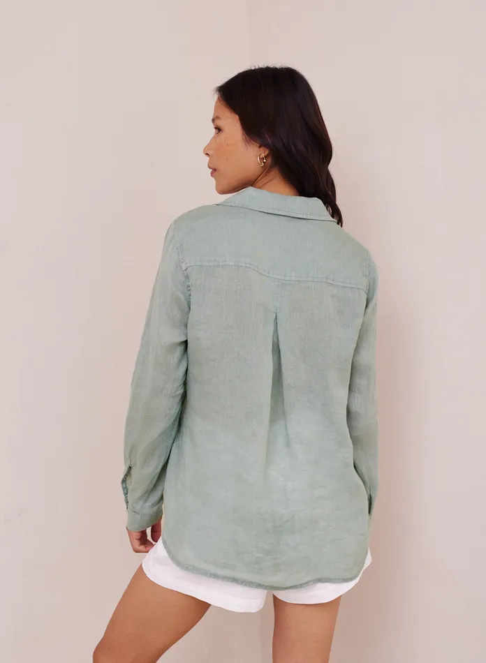 Women Bella Dahl Long Sleeve Linen Pocket Button Down 8211 Oasis Green OASIS GREEN