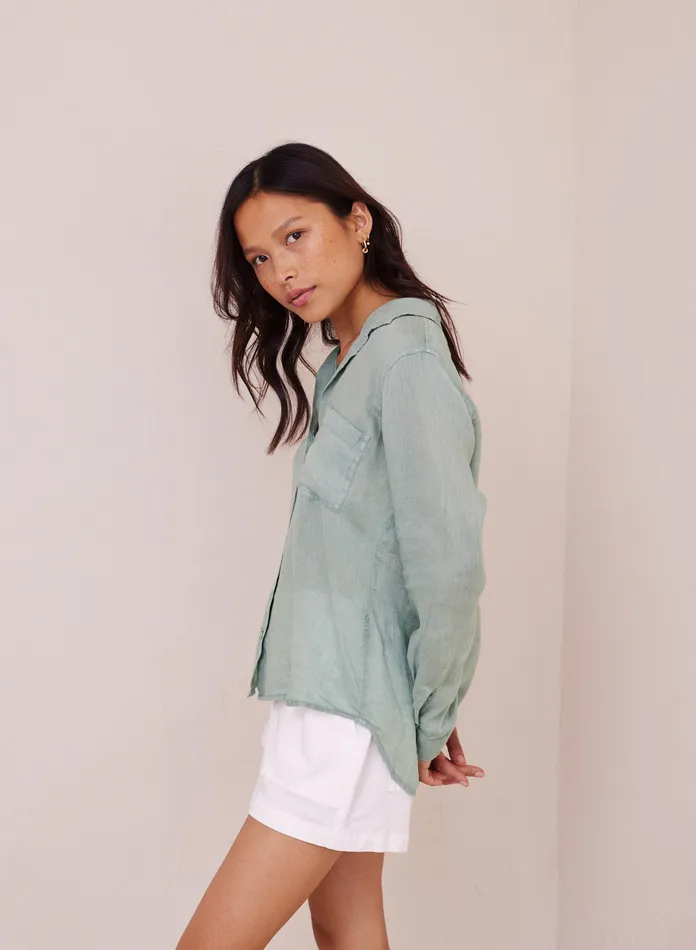 Women Bella Dahl Long Sleeve Linen Pocket Button Down 8211 Oasis Green OASIS GREEN