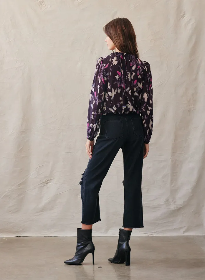 Women Bella Dahl Long Sleeve Long Sleeve Smocked Neck Pullover 8211 Floral Plum Print FLORAL PLUM PRINT