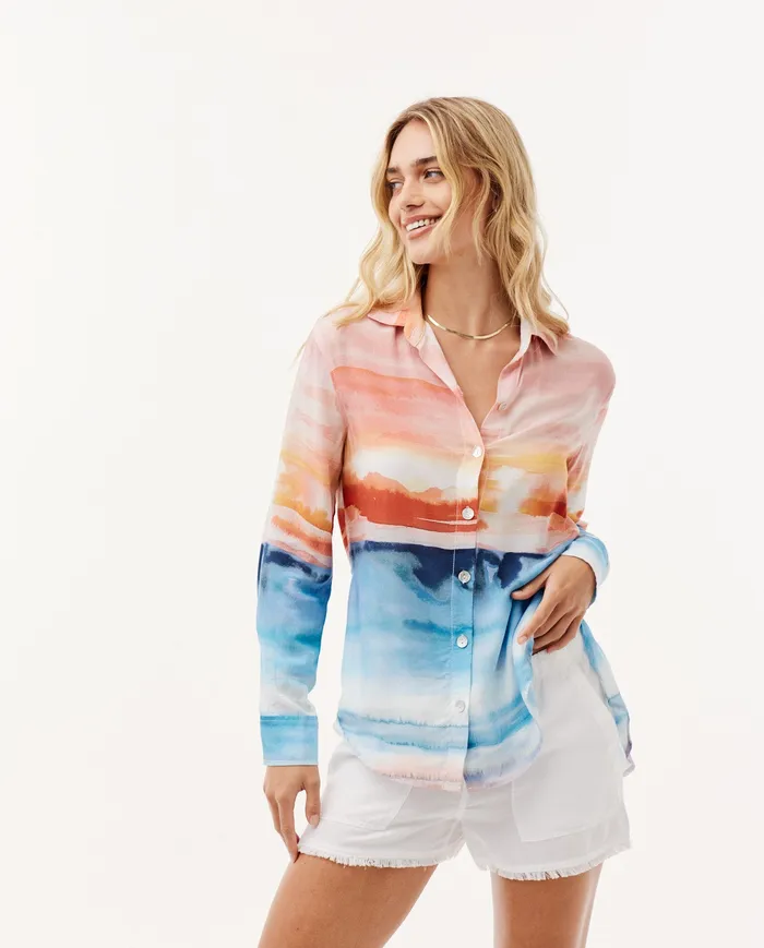 Women Bella Dahl Long Sleeve Satin Side Slit Button Down 8211 Horizon Sunset Print HORIZON SUNSET PRINT Women Bella Dahl Long Sleeve Satin Side Slit Button Down 8211 Horizon Sunset Print HORIZON SUNSET PRINT