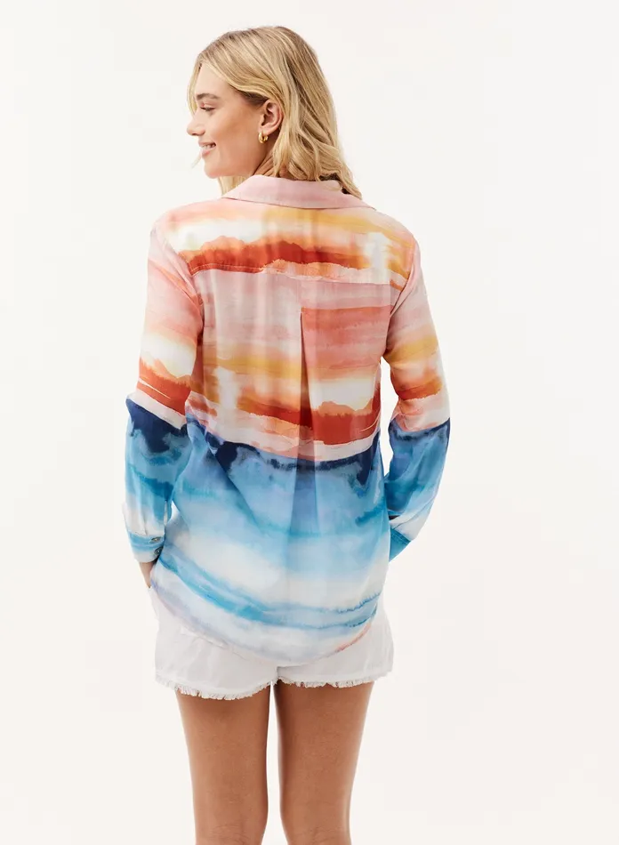 Women Bella Dahl Long Sleeve Satin Side Slit Button Down 8211 Horizon Sunset Print HORIZON SUNSET PRINT